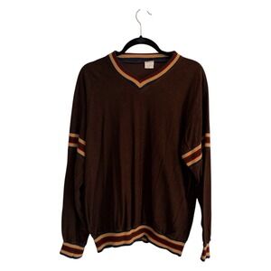 David Homsi Sweater Brown XL Mens V-Neck Striped Trim Vintage
